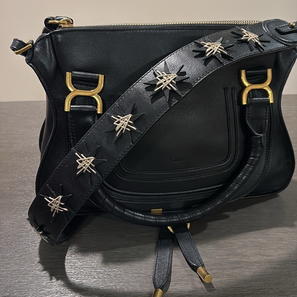 Rare CHLOÉ BLACK BRASS Hardware Marcie textured-LEATHER SHOULDER TOTE - Picture 2 of 13